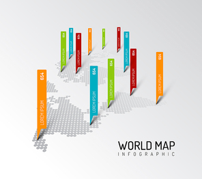 Light World map infographic template with pointer marks