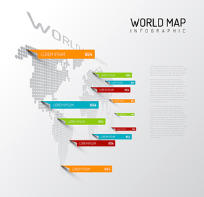 Light World map infographic template with pointer marks (vertical on the wall version)