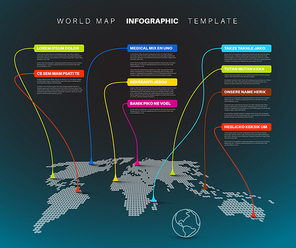 World map infographic: World map with pointer marks - communication concept - dark blue template version