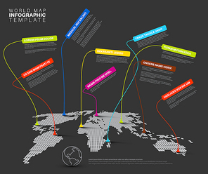 World map infographic: Dotted World map with linked pointers - communication concept - dark template version