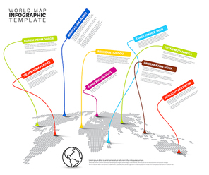 World map infographic: Light dotted World map with linked pointers - communication concept