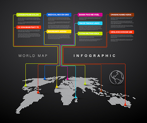 World map infographic: World map with pointer marks - communication concept - dark template version