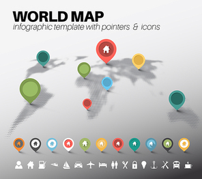 Light World map made by halftone effect with pointers marks and icons - light version