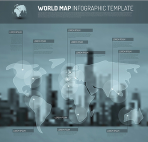 Light World map with pointer marks (flags) - communication concept, with city blurred background - blue version