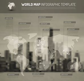 Light World map with pointer marks (flags) - communication concept, with city blurred background