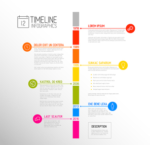 Vector Infographic timeline report template with the biggest milestones, icons, years and color buttons - vertical time line version