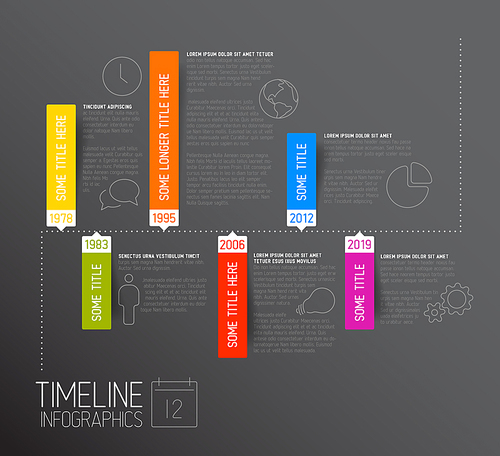 Dark Vector horizontal Infographic timeline report template with icons ...