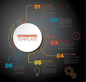 Vector Infographic report template for six steps, made from red and teal lines with big circle and icons - dark version