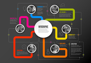Abstract Infographic Template with main topic in the middle and another six circle photos around - dark version