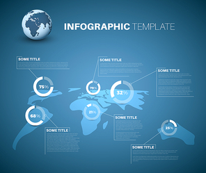 Blue World map infographic template with white transparent pie charts