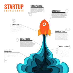 Paper cut startup infographic template with space rocket - light version