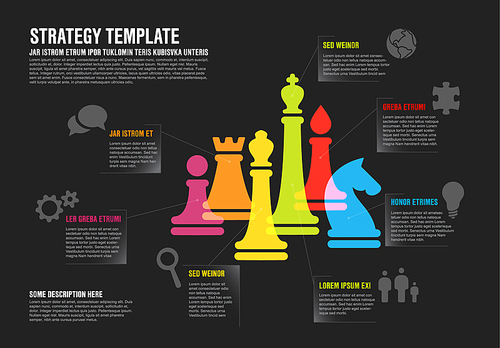 Vector business strategy infographic template with colorful chess figures - dark version