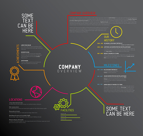Vector Company infographic overview design template with thin line icons - dark version