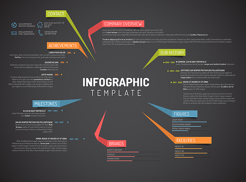 Vector Company infographic overview design template with colorful labels - dark version
