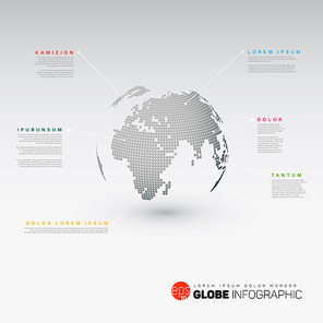 World map globe with pointer marks - light version, with colorful labels. Modern world map globe infographic