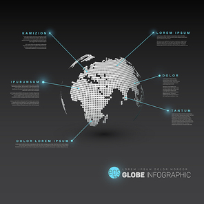 World map globe with pointer marks - dark version, with light blue effect pointers. Modern world map globe infographic