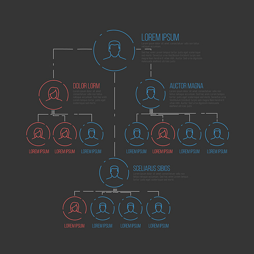 Company management hierarchy schema template with thin line profile icons - dark version