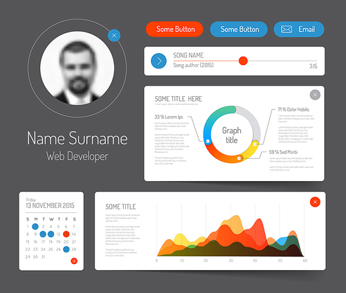 Simple dark infographic dashboard template with flat design graphs and charts - light version