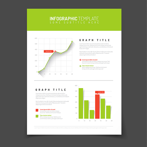 Simple blue and red  infographic template with flat design graphs and charts - green and red version