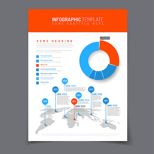 Paper poster with simple world map infographic and flat design pie chart - red and blue version