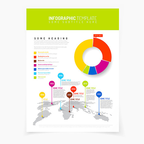 Paper poster with simple world map infographic and flat design pie chart