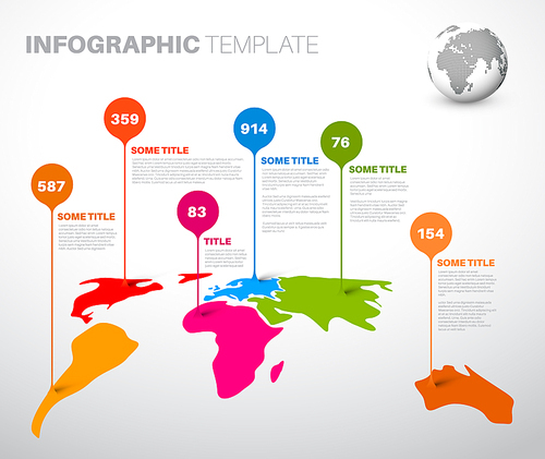 Light World map infographic template with droplet pointer marks