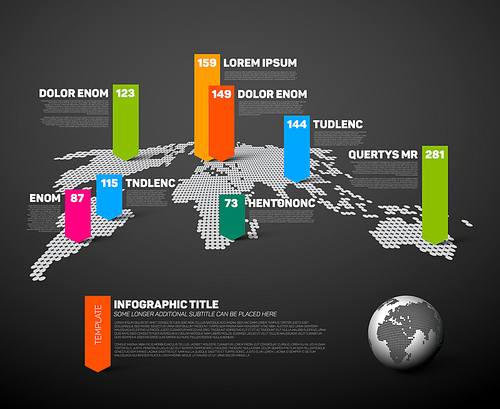 Dark World map infographic template with globe, color pointer marks and data numbers visualization