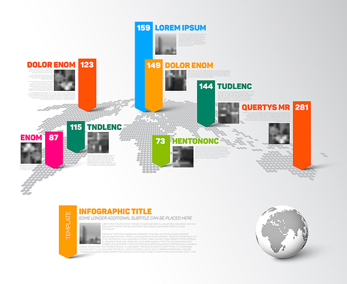 Light halftone World map infographic template with globe, photos, color pointer marks and data numbers visualization.