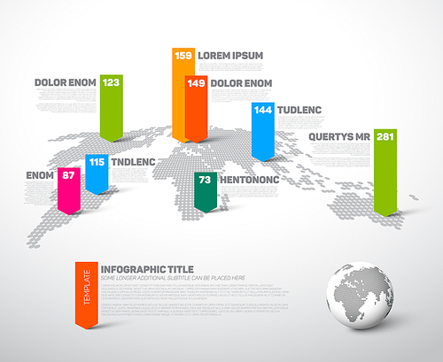 Light World map infographic template with globe, color pointer marks and data numbers visualization