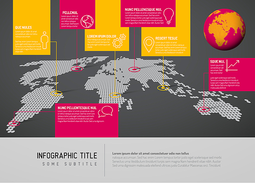 World map with pointer marks and icons - communication concept, dark yellow pink version