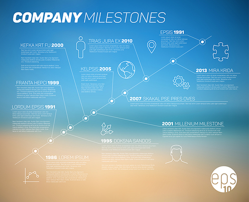 Vector company timeline infographic template with abstract blurred summer beach photo in the background