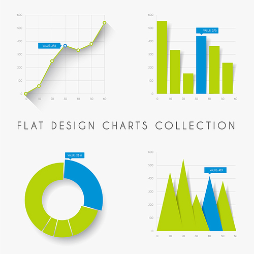 Set of vector flat design infographics statistics charts and graphs -blue and green version
