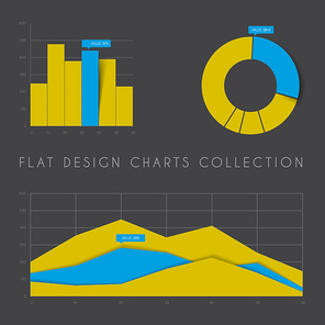 Set of vector flat design infographics statistics charts and graphs - yellow and blue dark version