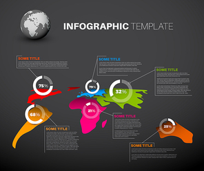 Light World map infographic template with pie charts - dark version