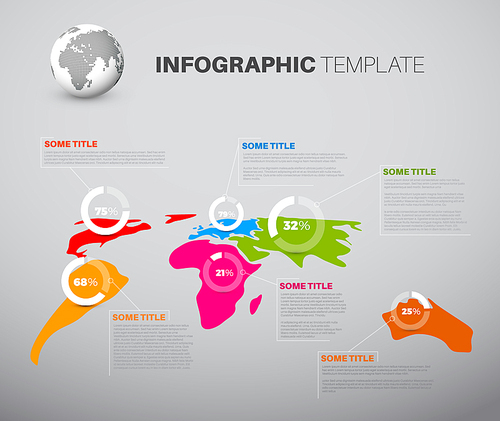 Light World map infographic template with pie charts