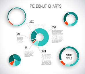 Colorful Vector pie chart templates for your reports, infographics, posters and websites - red and teal version