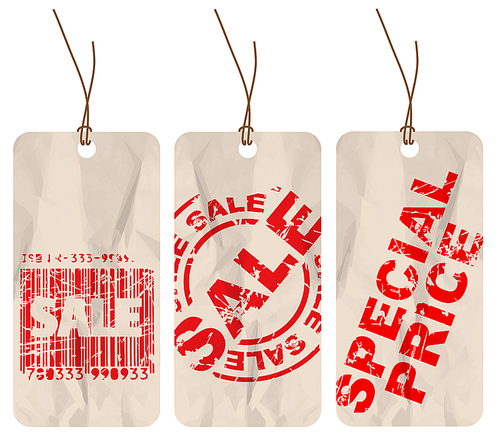Set of  crumpled paper tags for sale, discount