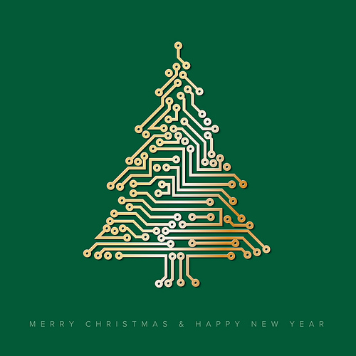 Vector christmas tree made from digital golden electronic circuit on green printed circuit