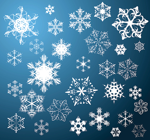Various snowflakes on blue background