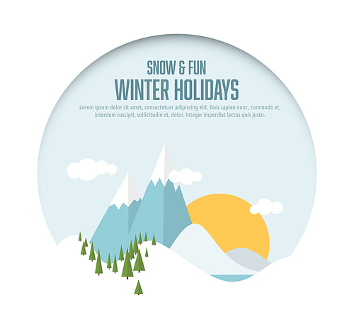 Winter holidays card - Simple Flat design winter snowy landscape with mountains and trees