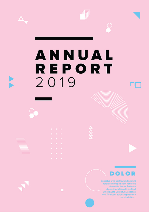 Vector abstract annual report cover template with sample text and abstract geometry shapes on pink  background