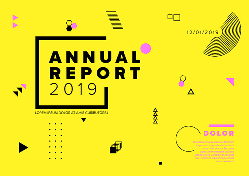 Vector abstract annual report cover template with sample text and abstract geometry shapes on yellow background