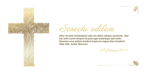 Funeral card template with golden cross made from leafs on white background