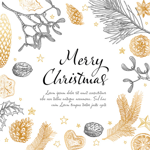 Vector vintage hand drawn Christmas card template with various seasonal shapes - ginger breads, mistletoe, cone, nuts