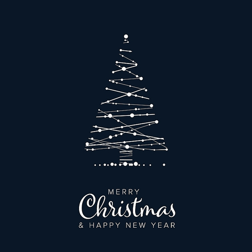 Minimalist Christmas flyer  card temlate with abstract christmas tree on a dark blue background