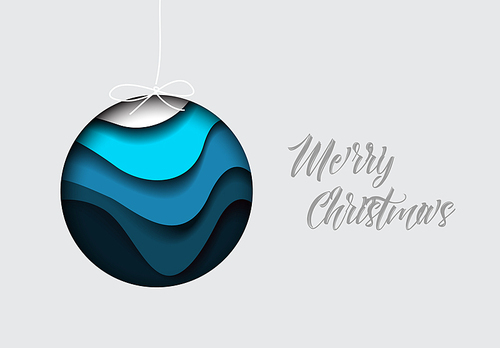 Vector modern minimalistic card with simple christmas bauble decoration and paper cut effect - blue version