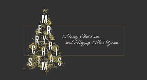 Modern vector christmas card template with christmas tree made from various christmas elements - dark golden version