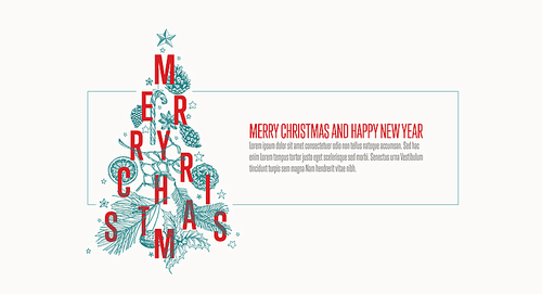 Modern vector christmas card template with christmas tree made from various christmas elements - light version with frame