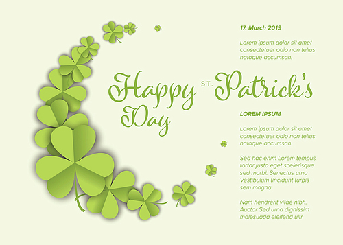St. Patrick's Day greeting card flyer poster template with green paper clover leafs