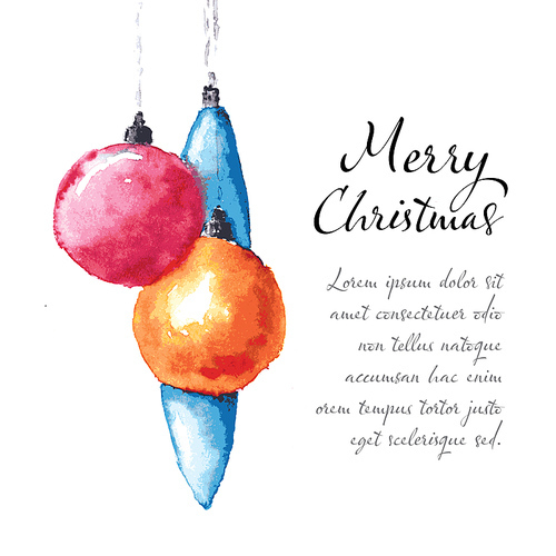 Watercolor Christmas card template with christmas decorations balls